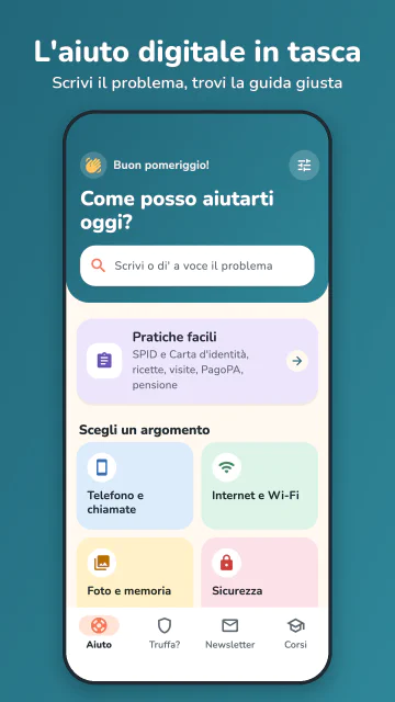 La schermata Aiuto: scrivi il problema e scegli un argomento