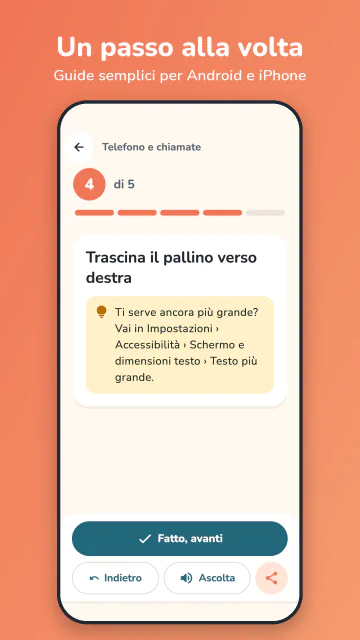 Una guida passo passo, con i pulsanti Ascolta e Fatto, avanti