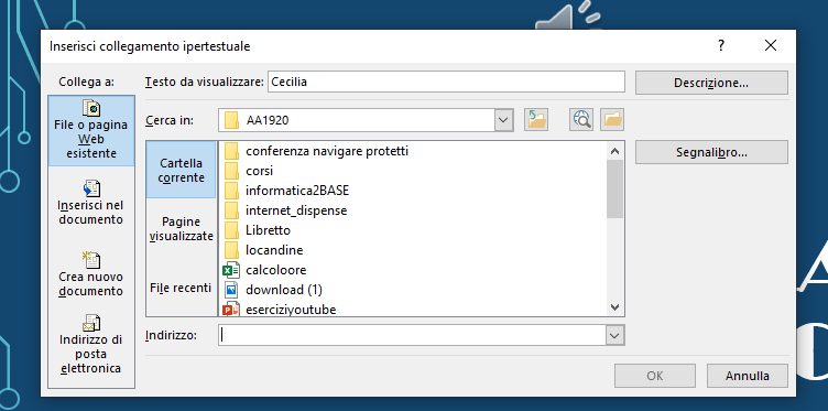 finestra Inserisci collegamento ipertestuale in PowerPoint